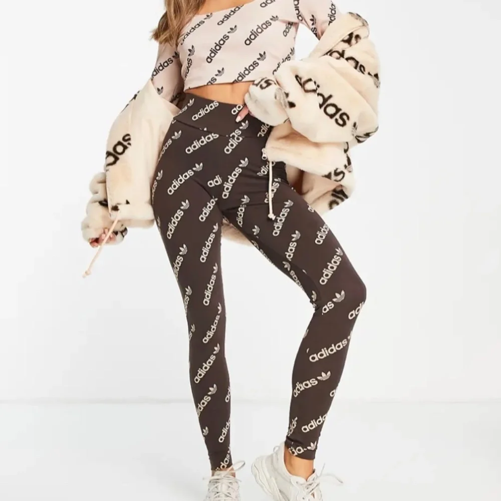 Adidas Originals Woman Logomania Repeat Logo Monogram Leggings Brown & Tan - Picture 6 of 7